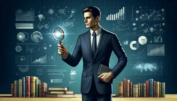 DALL·E 2024-06-05 18.50.07 - An illustration showing a business professional holding a magical magnifying glass that reveals detailed insights and data visualizations. The backgro
