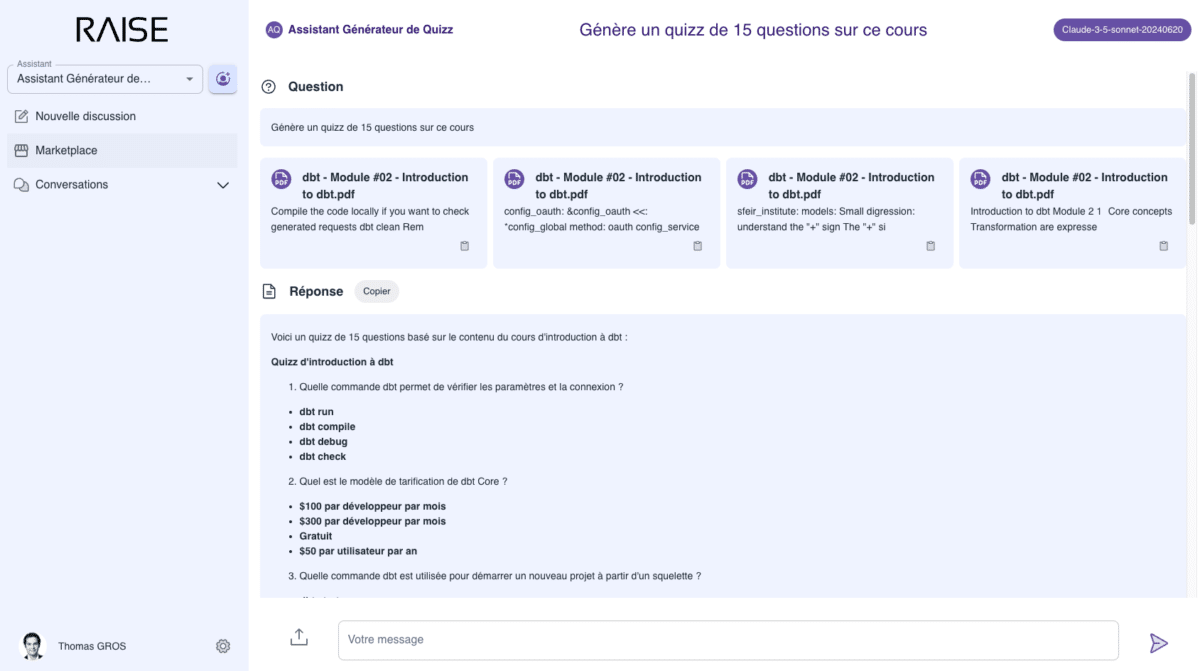 Raise, la plateforme d'IA Générative du groupe SFEIR en action : création de quizz à partir d'un contenu de formation